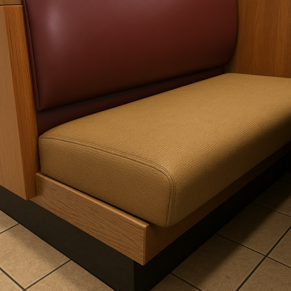 A close-up, angled shot of a restaurant booth, clearly showing the small gap between the seat cushion and the back (crumb strip) and the recessed area at the floor for feet (toe kick).png