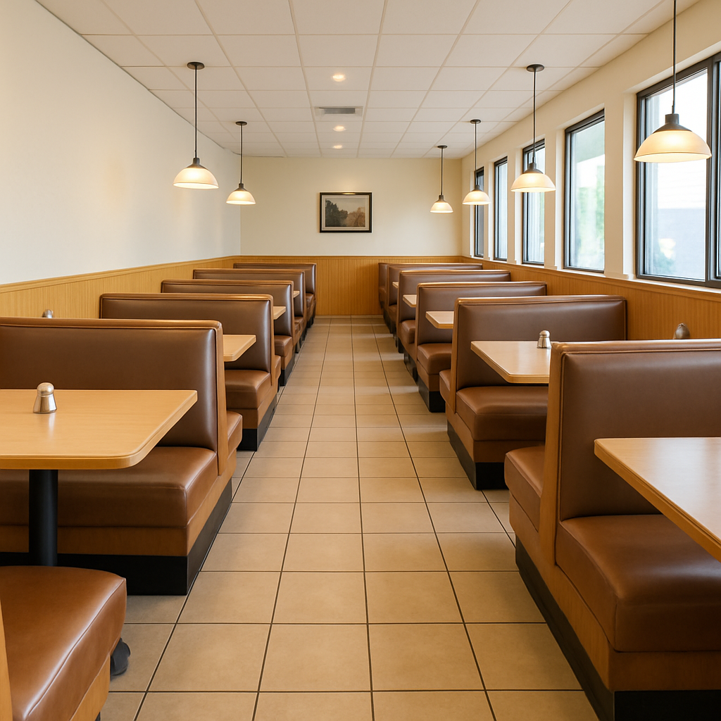 A clean, simple photo of a restaurant interior showing a clear aisle formed by two rows of double-sided booths, highlighting the efficient use of space.png